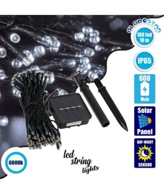 85808 Διακοσμητική Γιρλάντα 10 Μέτρων με Controller 8 Προγραμμάτων Φωτισμού - 100 LED 4W με Ενσωματωμένη Μπαταρία 600mAh - Φωτοβολταϊκό Πάνελ - Αισθητήρα Ημέρας-Νύχτας - Βάση Κήπου & Σκούρο Πράσινο Καλώδιο Αδιάβροχη IP65 Ψυχρό Λευκό 6000K Μ10m